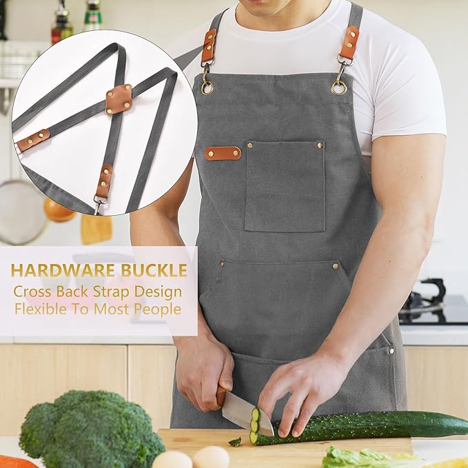Canvas Aprons for Men Chef Apron, Work Apron with Large Pockets - 16oz Heavy Duty Cross Back, BBQ, Cooking