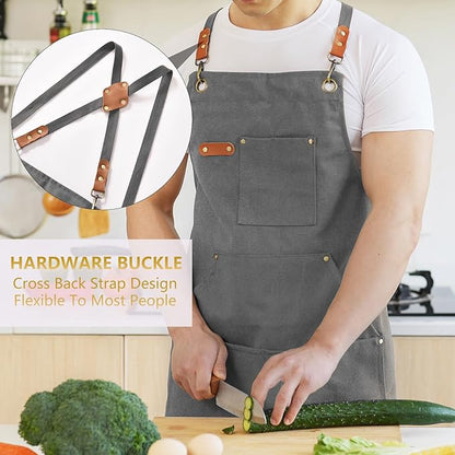 Canvas Aprons for Men Chef Apron, Work Apron with Large Pockets - 16oz Heavy Duty Cross Back, BBQ, Cooking