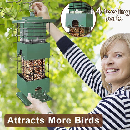 Squirrel Proof Bird Feeder, 3LBS Large Capacity Hanging Bird Feeders with Weight-Activated Perches for Outdoors, Metal Wild Birdfeeder for Blue Jay, Cardinal, Outside (Green)