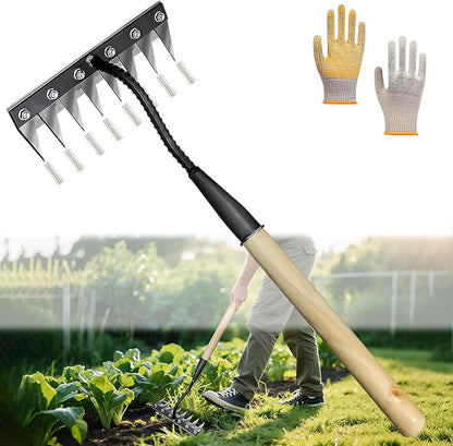 Upgraded Weed Puller Tool, Rust-Proof Manual Weed rake (cultivates Soil with Wooden Handle), 8-Tine Manganese Steel Iron rake for Gardening/Weeding, Gardinia uprooting Tool