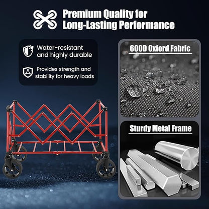 EchoSmile Collapsible Folding Wagon Cart 360lbs, Heavy Duty Garden Utility Cart with All Terrain Wheels, Large Capacity Outdoor Wagon for Camping, Beach, Shopping, Picnic (Black Red)