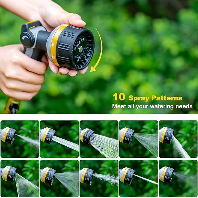 FANHAO Heavy Duty Garden Hose Nozzle, Metal Water Hose Sprayer with 10 Spray Patterns, Thumb Control, On Off Valve, High Pressure Water Nozzle for Plants Watering, Car and Pet Washing, Yellow