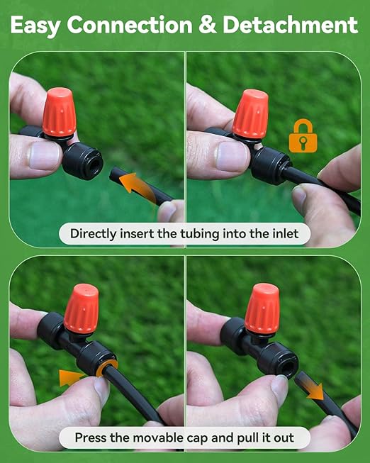 Pawfly 30 Pcs Push-to-Fit Drip Irrigation Spray Emitters for 1/4 Inch Tubing, Tee Misting Atomizing Nozzles Micro Sprayers with Adjustable 360 Degree Water Flow, Irrigation Drippers with End Plugs