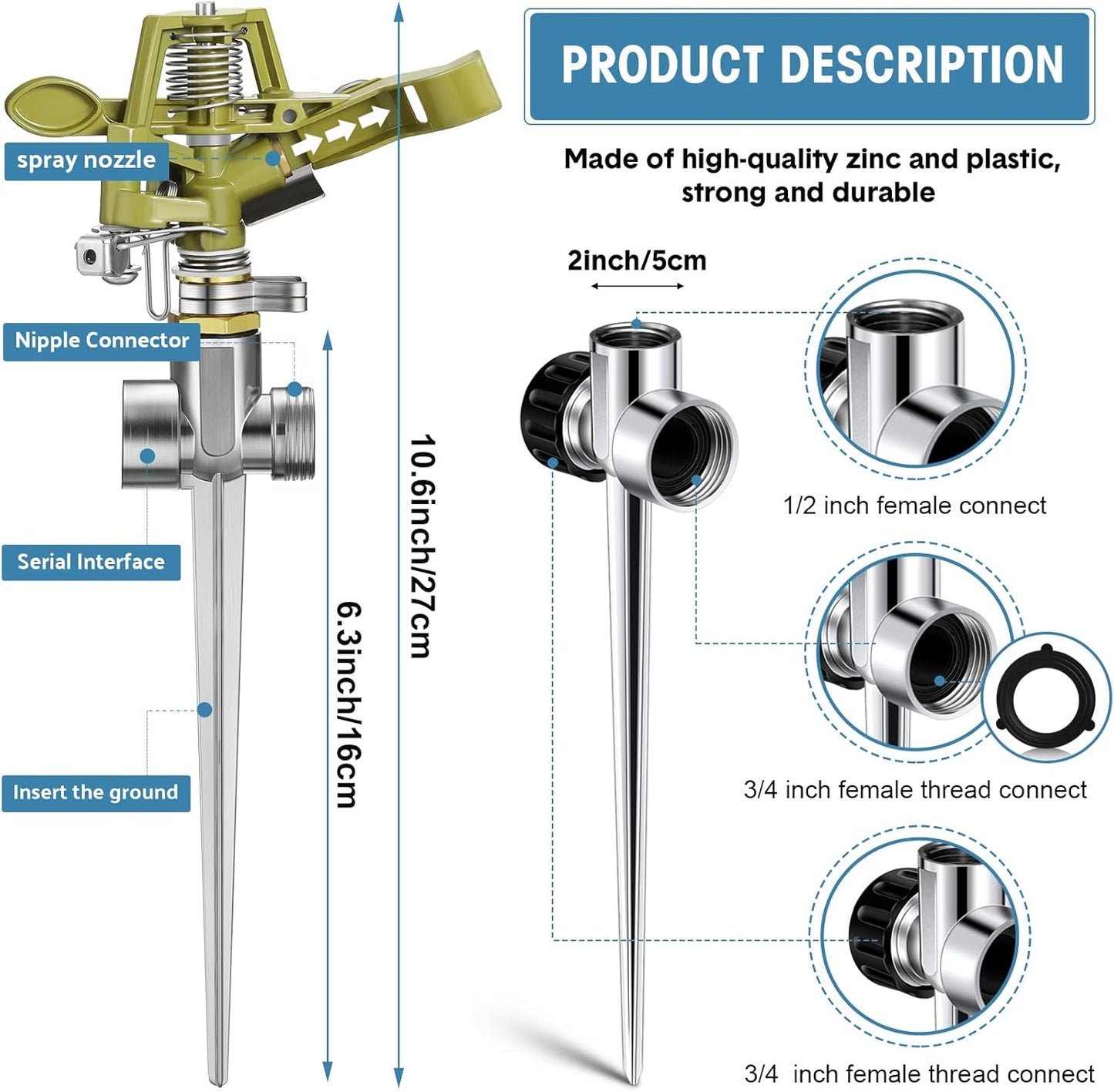 Chengu 4 Set Zinc Alloy Water Sprinklers Heads for Lawns Yard Heavy Duty Adjustable 360 Degree Watering Impact Pulsating Garden Sprinklers Multipack for Large Area Irrigation