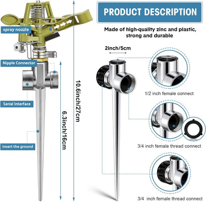 Chengu 4 Set Zinc Alloy Water Sprinklers Heads for Lawns Yard Heavy Duty Adjustable 360 Degree Watering Impact Pulsating Garden Sprinklers Multipack for Large Area Irrigation