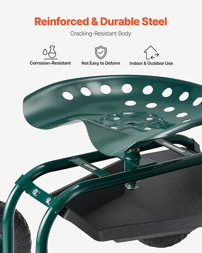 VEVOR Rolling Garden Cart with Swivel Seat, Heavy Duty Garden Seat with Storage Basket & Tool Tray, 300 lbs Weight Capacity, Outdoor Utility Gardening Stool Scooter for Lawn Yard Planting Weeding