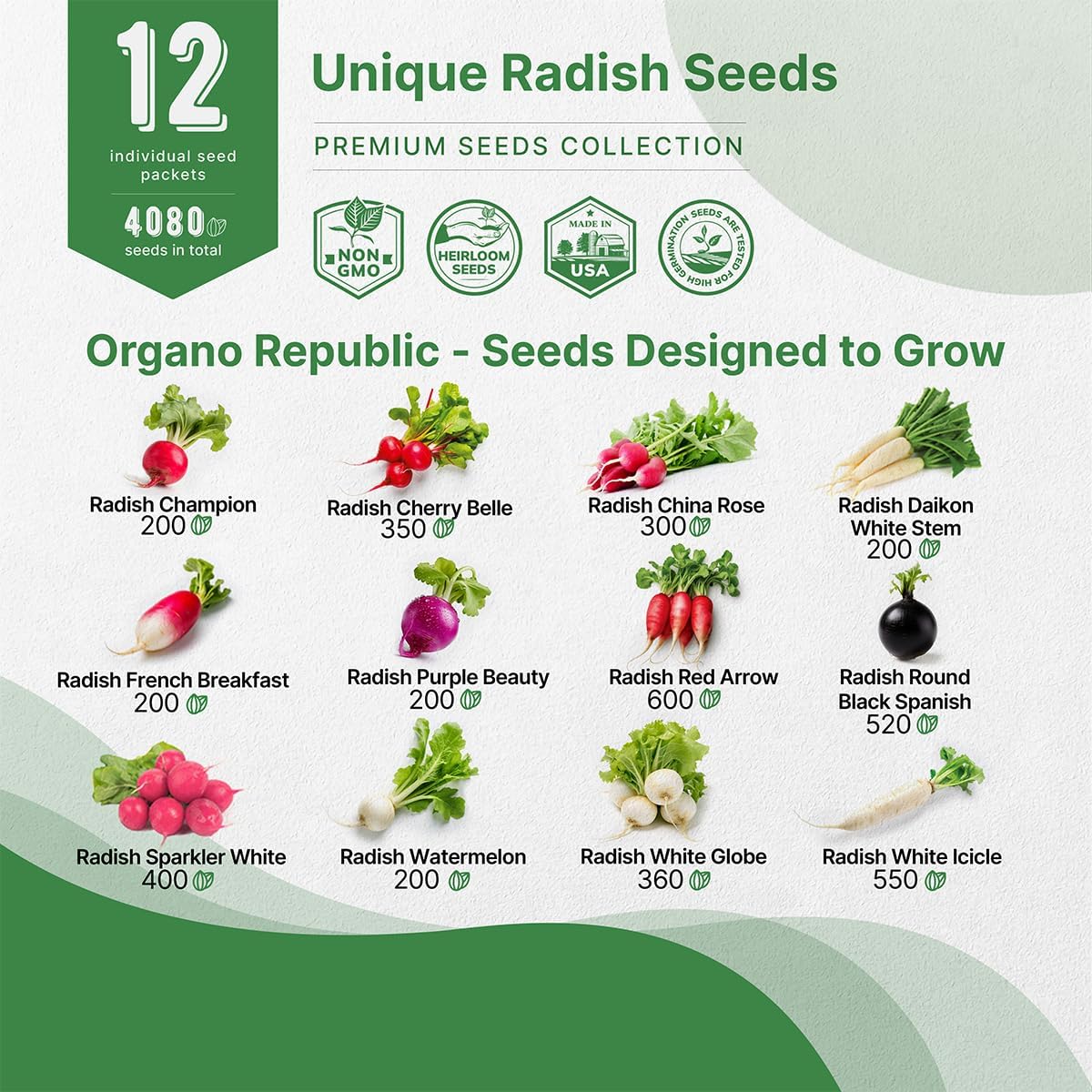 Organo Republic 12 Radish Seeds Variety Pack for Indoor & Outdoors 2400+ Heirloom Non-GMO Radish Garden Seeds: Daikon, Cherry Belle, French, Breakfast, Champion, Purple, Watermelon Radishes Seeds