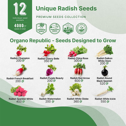Organo Republic 12 Radish Seeds Variety Pack for Indoor & Outdoors 2400+ Heirloom Non-GMO Radish Garden Seeds: Daikon, Cherry Belle, French, Breakfast, Champion, Purple, Watermelon Radishes Seeds