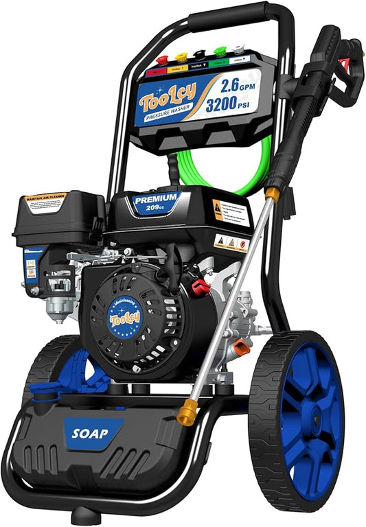 TOOLCY Gas Pressure Washer 3200 PSI & 2.6 GPM, High Performance Engine, Includes Swivel Spray Gun and Wand, 35FT Power Washer Hose, 5 Nozzle Tips, Onboard Soap Tank, for Cars/Driveways/Homes