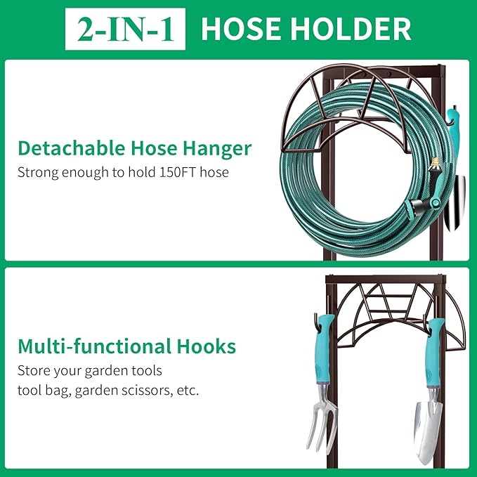 TomCare Garden Hose Holder Upgraded 4 Spikes Water Hose Holder with 2 Tool Hooks Sturdy Hose Reel Holds 150ft Hose Freestanding Hose Stand Hose Hanger Hose Storage for Outside Yard Lawn, Bronze
