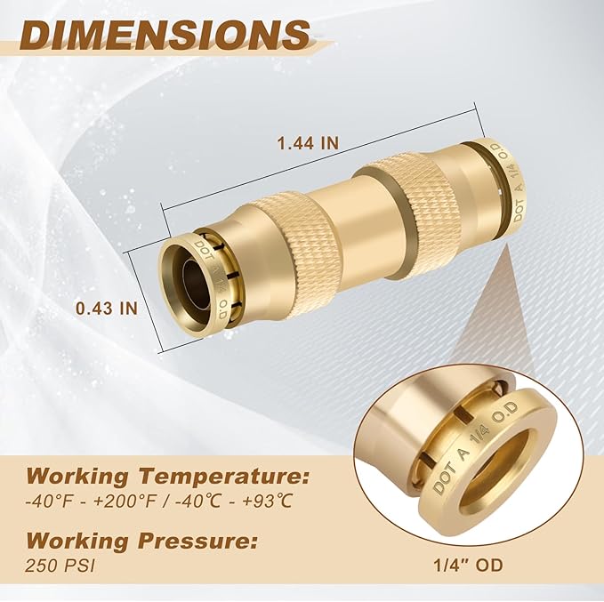 1/4" Quick Push to Connect Fittings Brass Union Straight Joint DOT Approved 1/4 inch tube OD Air Line Adapter Air Spring Suspension Kit for Car Truck Trailers and Air Brake System 5pcs