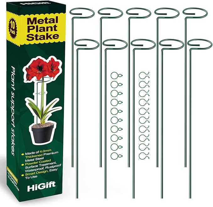 HiGift 10 Pack 17 inches Plant Support Plant Stakes with 20 Pcs Plant Clips, Metal Garden Single Stem Flower Support Stick Plant Cage Support Ring for Amaryllis Orchid Peony Rose Tomato
