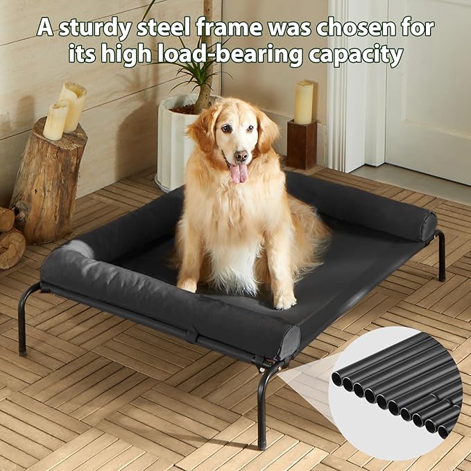 Cooling Elevated Dog Bed for Large Dogs – Waterproof Raised Dog Cot with Slope Headrest, Breathable Teslin Mesh, Durable & Portable Pet Bed for Indoor and Outdoor Use, Black