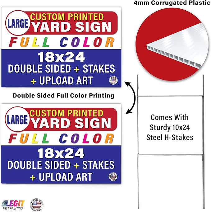 Personalized 18x24" Yard Signs, Double Sided Printing, Metal Stake Included, by Legit Fast Printing (20pk)