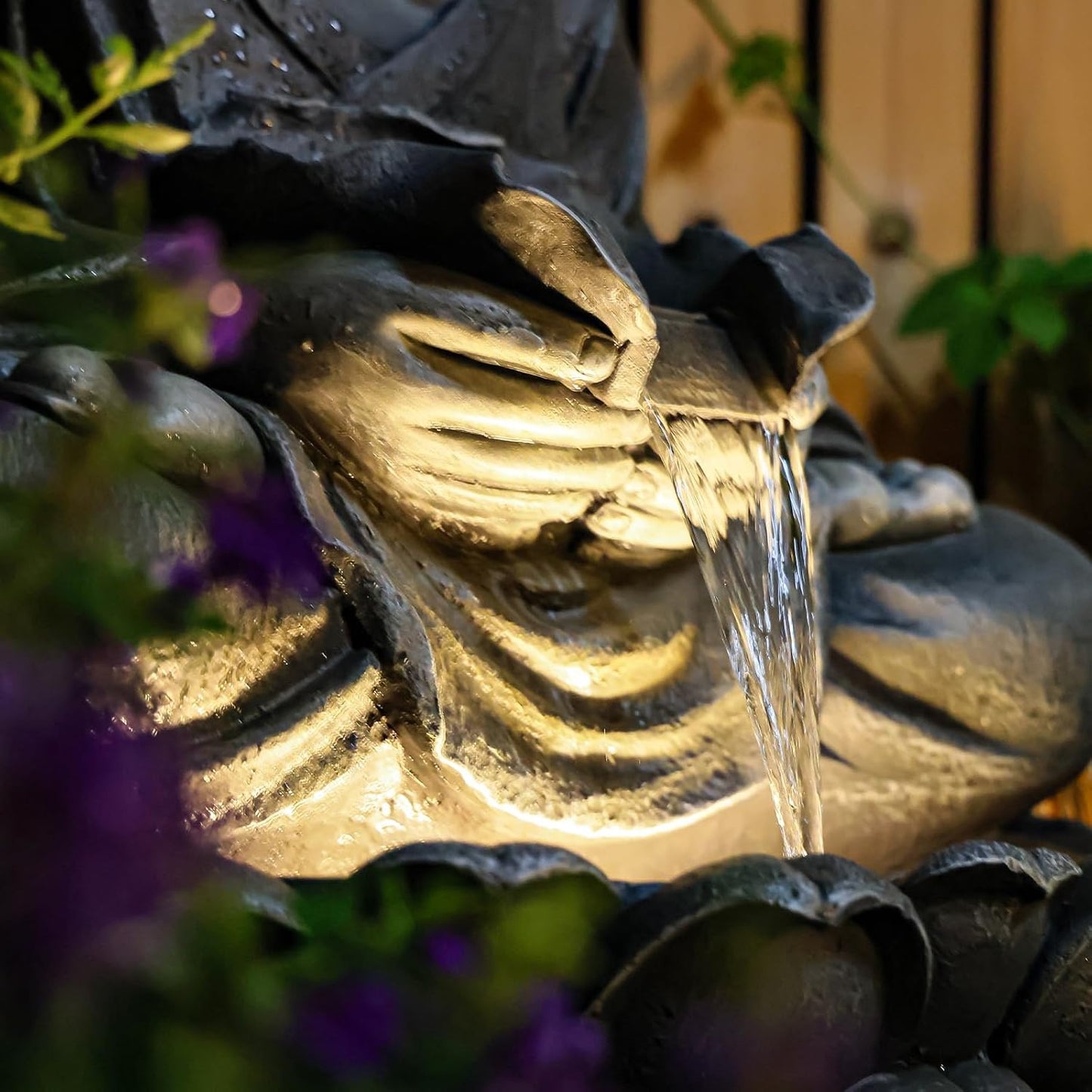 Buddha Water Fountain Outdoor Large Sitting Lotus Base Waterfall Fountains Zen Water Feature Indoor with LED Light for Garden Patio Backyard Deck Lawn Porch Balcony Home 45 inches Gray
