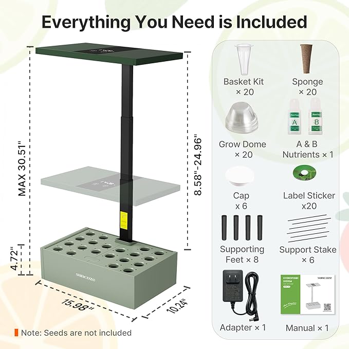 SUNCOZE Hydroponics Growing System Kit, 20 Pods Indoor Herb Garden with 10L Water Tank & Adjustable Height 25", 30W LED Grow Light, LCD Display with Veg/Flower Modes, Pump & Low Water Reminder, Green