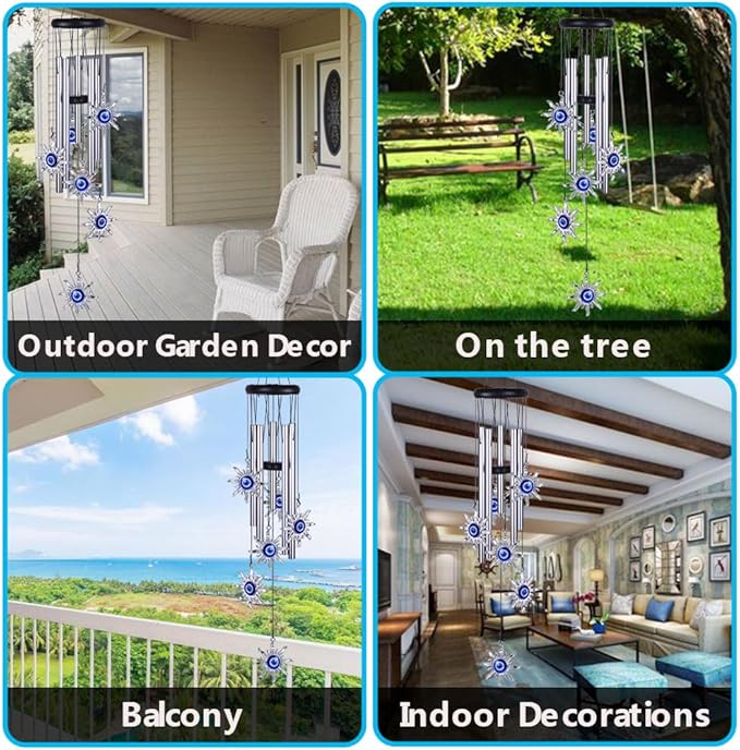 Blue Evil Eye Sun Wind Chimes Outdoor Decor, Mobile Sun Evil Eye Windcatcher, Evil Eye Sun Wind Bells, Sun Blue Evil Eye Amulet Wind Chimes for Home, Gift for Mom, Balcony, Patio, Garden Decoration