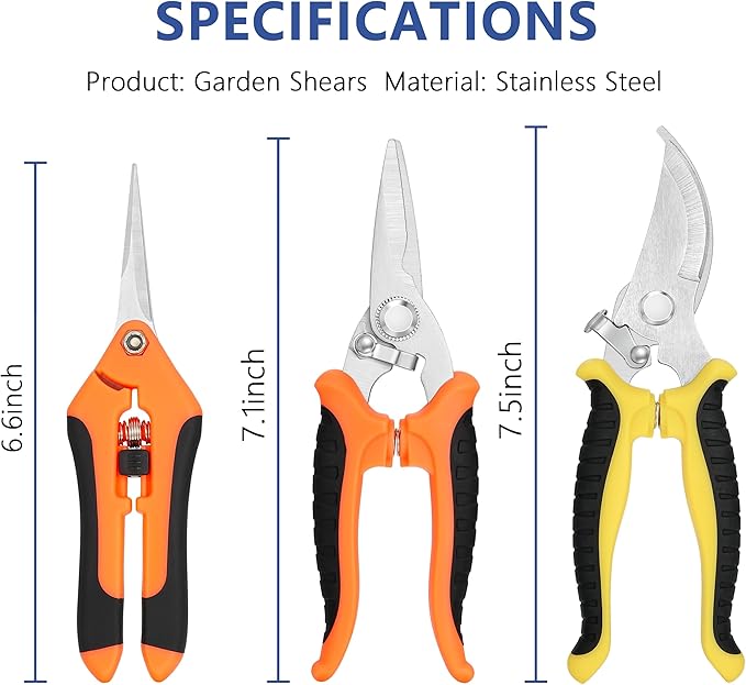 3-pack Garden Pruning Shears Set with Stainless Steel Blades, Bypass Pruners, Handheld Secateurs, Tree Trimmers, & Scissors Whetstone,a Clean Brush and a Hard Case, Ideal for trimming, pruning