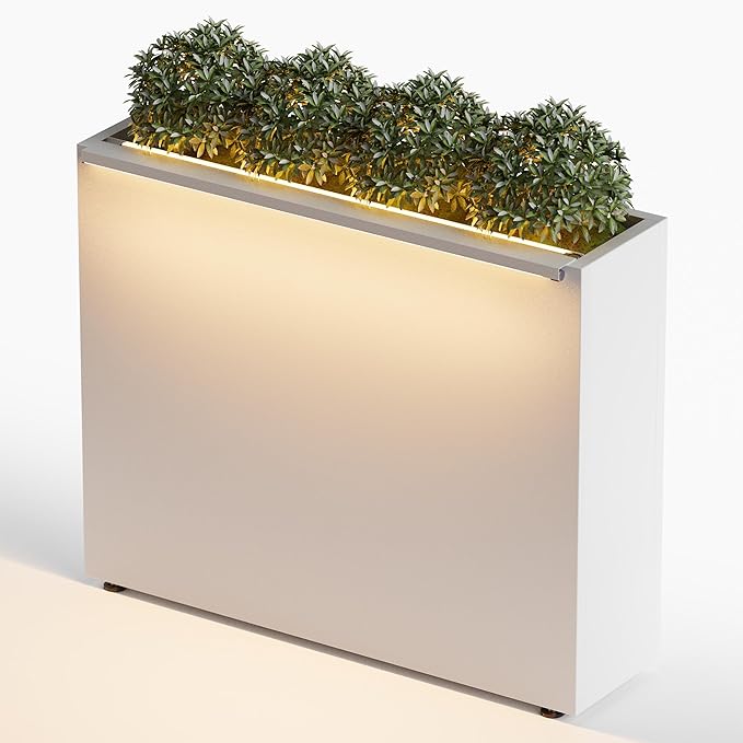 GSK White Metal Planter Box with LED Light Rectangular Illuminate Flower Trough 30" H×10" W×37.9" L Vibe Indoor Light Up Garden Plants Outdoor Separation Patio Porch Balcony
