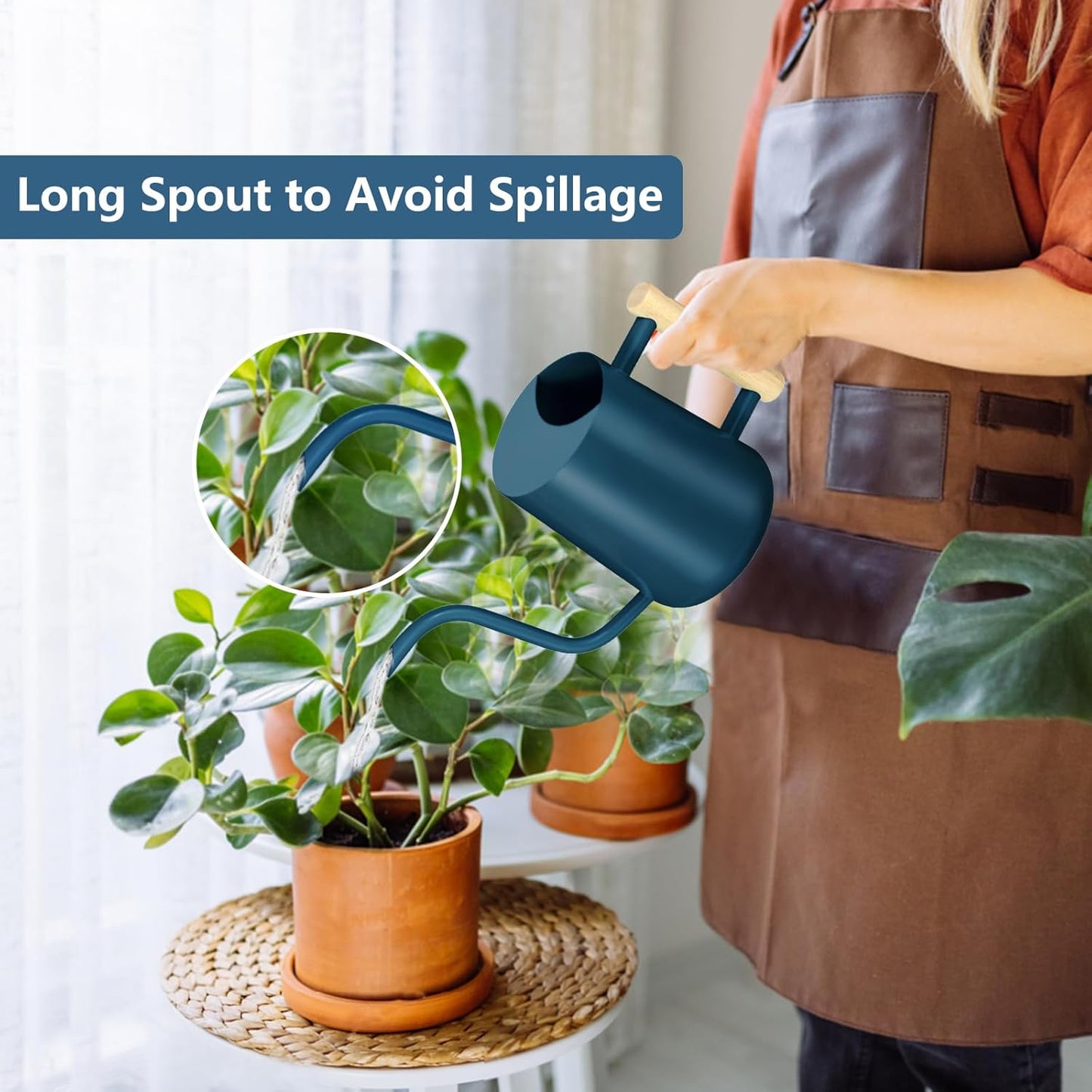 Watering Can Indoor Plants, 35oz Small Stainless Steel Metal Watering Can Modern Decorative Watering Pot with Long Spout for Indoor House Plant Bonsai Garden Flowers (Dark Blue)