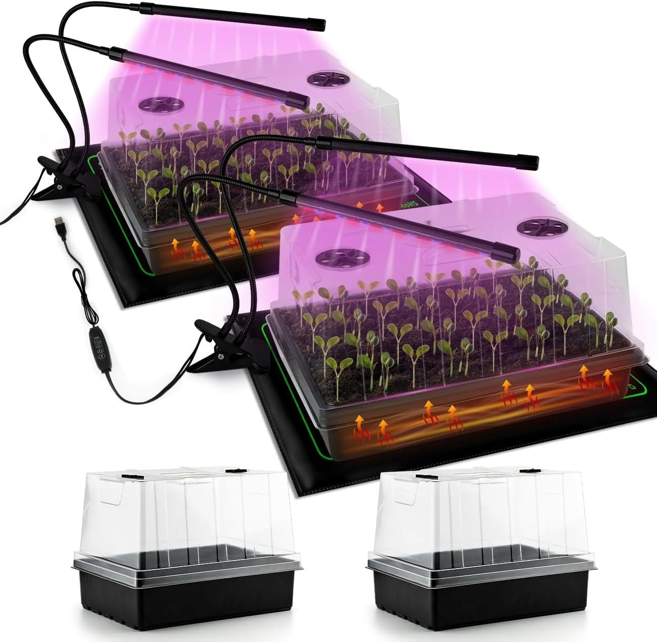 Seed Starter Trays with LED Lights and Heat Mat - 4p Seedling trays with 5" Higher Humidity Domes, 2p Flexible Grow Lights and 2p Constant Temperature Heating Mats, Propagation Tray for Planting Seed