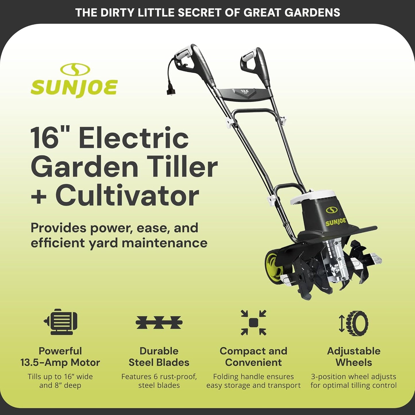 Sun Joe Electric Corded Garden Tiller & Cultivator, Steel Tines, 13.5 Amp, 16 Inch, Black - Heavy Duty Gardening Machine Equipment for Lawn, Yard, & Grass, TJ604E