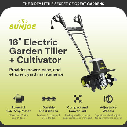 Sun Joe Electric Corded Garden Tiller & Cultivator, Steel Tines, 13.5 Amp, 16 Inch, Black - Heavy Duty Gardening Machine Equipment for Lawn, Yard, & Grass, TJ604E
