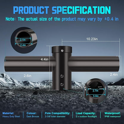180° Spoke Tenon Adaptor Bracket, Durable Horizontal Round Pole Mounting Arm for 2 Lights, 2 3/8 in Top Mounting Bracket for Parking Lot Light Street Shoebox Lighting