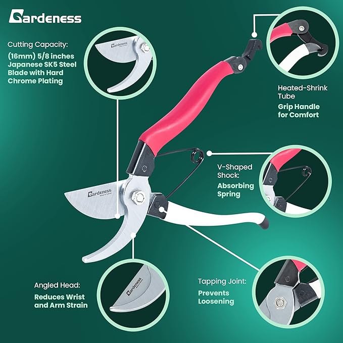 Gardeness Japanese Pruning Shears, Professional Bypass Heavy Duty Garden Pruner Secateurs – Lightweight Easy Grip Hand Pruners Branch Clippers for Gardening, Trimming, Harvesting. Made in Taiwan