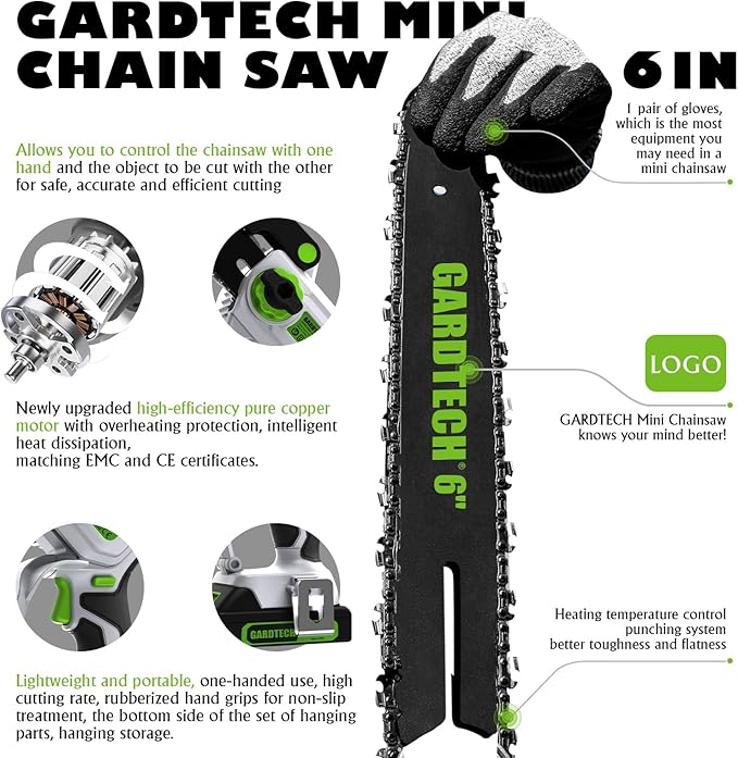 Gardtech Mini Chainsaw Cordless 6 Inch - Portable Electric Chainsaw Cordless Battery Powered, Handheld Small Chain Saw with 2-side Security Lock [Southpaws Friendly] for Wood Cutting, Pruning Branches