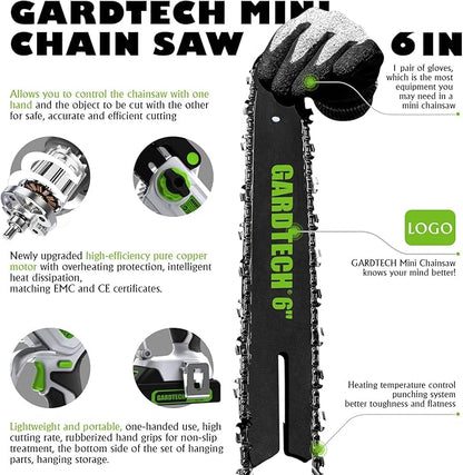 Gardtech Mini Chainsaw Cordless 6 Inch - Portable Electric Chainsaw Cordless Battery Powered, Handheld Small Chain Saw with 2-side Security Lock [Southpaws Friendly] for Wood Cutting, Pruning Branches