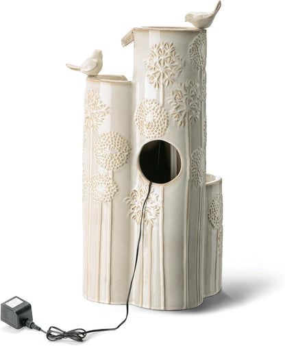Glitzhome 31.75" H Outdoor Water Fountain with LED Lights and Pump, 4 Tier Dandelion Texture Vase Shaped Ceramic Floor Standing Fountain with Birds for Porch Deck Garden Patio Backyard, Sand Beige