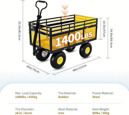 Metal Wagon - 1400lbs Garden Cart with 10" Multi-Terrain Tires, 4 Removable Mesh Sides & 180° Swivel Handle, Yard Wagon Cart for Lawn, Yard, Patio Gardening
