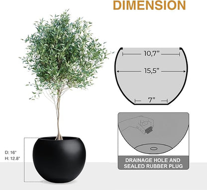 12.8" H x 16" D Globo Fiberstone Round Planter with Drainage Hole, Weather Resistant, Smooth Finish, Planters for Indoor Plants & Outdoor, 2 Extra Coco Mats (Black, 10.7" Pot Opening)
