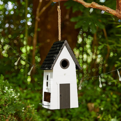 Glitzhome Bird Houses for Outside, Modern Hand Painted Hanging Bird House for Outdoors, 14.25" H Functional and Decorative Wooden Bird Houses Bluebird Birdhouses for Garden,White