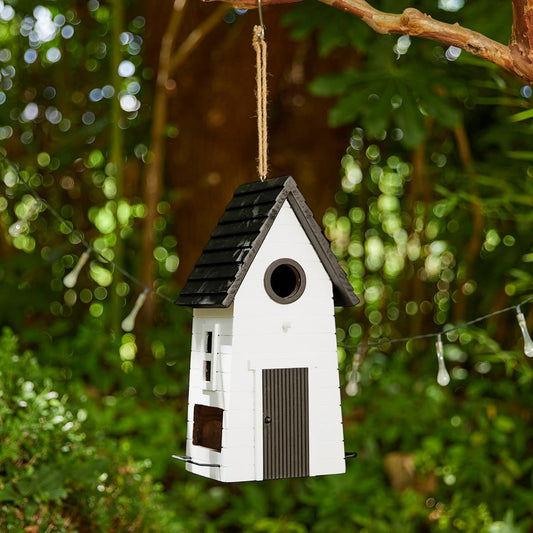 Glitzhome Bird Houses for Outside, Modern Hand Painted Hanging Bird House for Outdoors, 14.25" H Functional and Decorative Wooden Bird Houses Bluebird Birdhouses for Garden,White