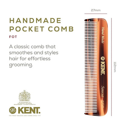 Kent FOT Tortoise Fine Tooth Handmade Pocket Comb for Men, Women and Kids, Hair Comb Straightener for Everyday Grooming and Styling, Beard and Mustache, Saw Cut and Hand Polished, Made in England