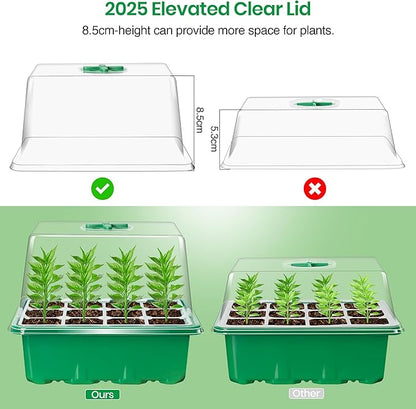 Bonviee 5 Packs Seed Starter Tray with Plant Light, Elevated Seedling Starter Trays Kits with Adjustable Humidity Domes and Clear Cell Tray, 12 Full Spectrum led lamp Beads for Plants Indoor-Green