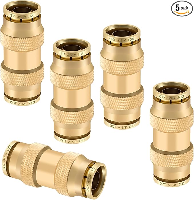 5/8" Quick Push to Connect Fittings Brass Union Straight Joint DOT Approved 5/8 inch tube OD Air Line Adapter Air Spring Suspension Kit for Car Truck Trailers and Air Brake System 5pcs