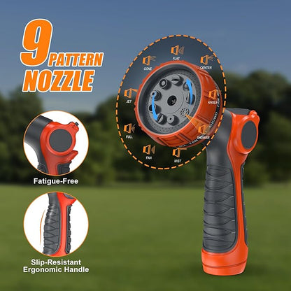 NEOTEC Retractable Garden Hose Reel 1/2 inch x 150ft - Wall Mounted Heavy Duty Hose Reel with 3/4 Inch Brass Fittings & 9-Pattern Nozzle - Auto Rewind System, Any Length Lock, 180° Swivel Bracket