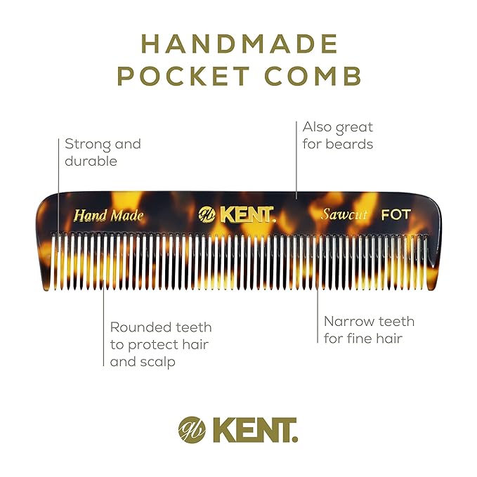 Kent FOT TY Fine Tooth Comb for Men - Handmade Pocket Comb for Travel, Styling, Fine or Thinning Hair, Mustache and Beard Care Handpolished Saw-Cut Made in England