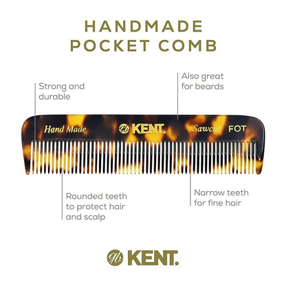 Kent FOT TY Fine Tooth Comb for Men - Handmade Pocket Comb for Travel, Styling, Fine or Thinning Hair, Mustache and Beard Care Handpolished Saw-Cut Made in England