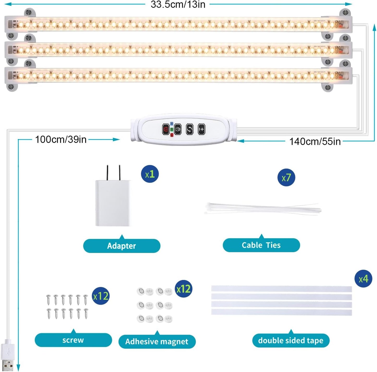 3 Head LED Grow Light Strips for Indoor Plants Full Spectrum 3500K, 144 LEDs Plant Light Bar with 3/9/12H Timer, 10 Dimmable Levels for Seedling Succulent, 13 Inches
