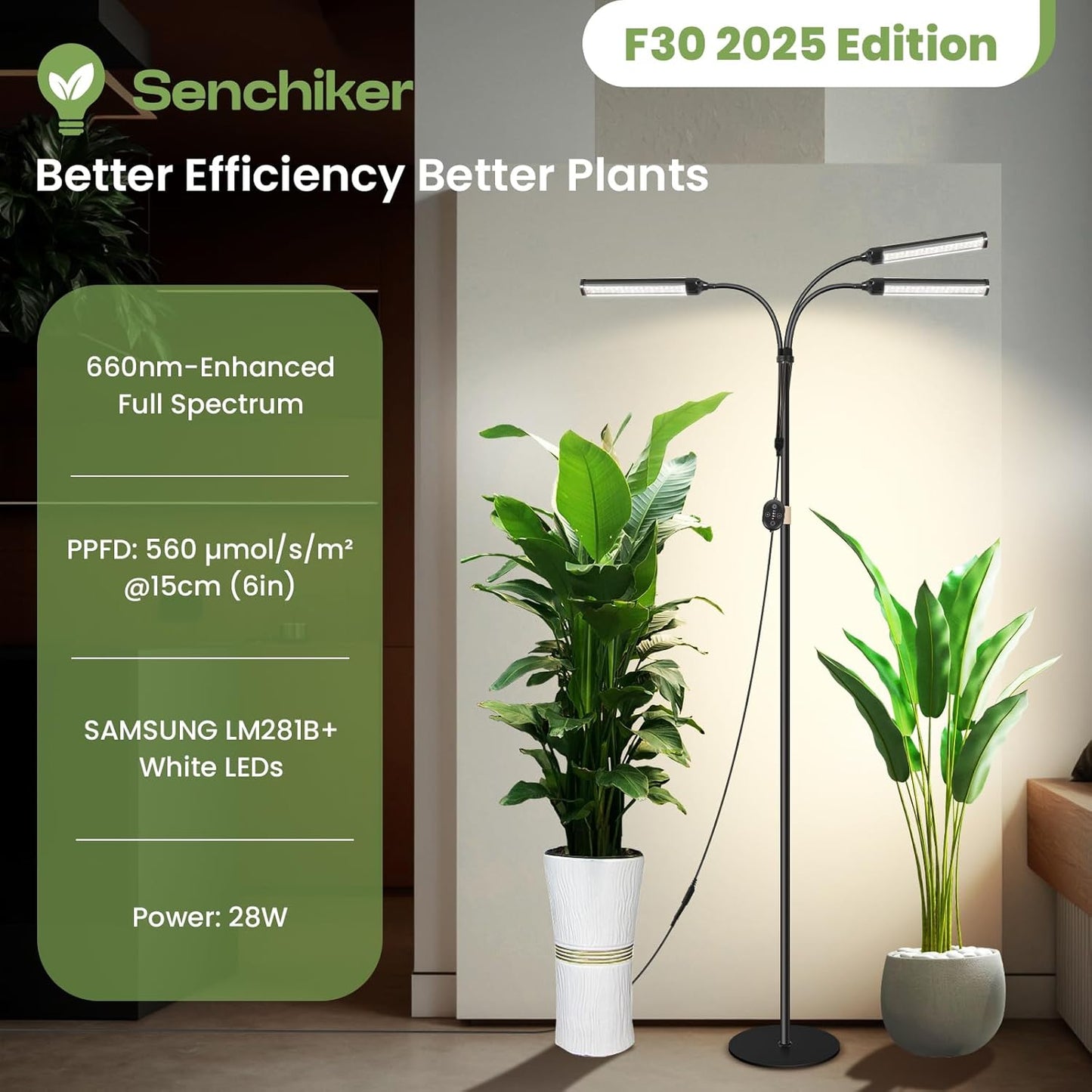 Large Plant Lights for Indoor growing 24V, 660nm-Enhanced Full Spectrum, LM281B+ LED Grow Light, Plant Light with Timer & Dimming, Adjustable Height 22–70in, 9.8in Base, 28W, 560μmol/s/m²@6in