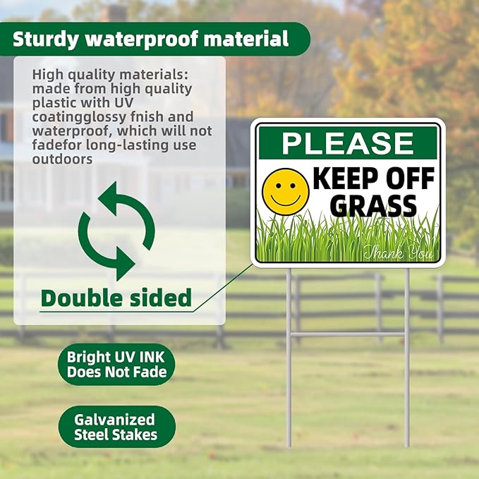 Keep Off Grass Sign, 2-Pack 13"x10" H-Metal Stakes, Double-Sided Signs, Corrugated Plastic, Keep Off Grass Signs For Yard