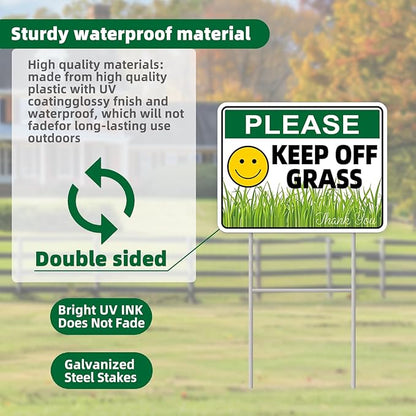 Keep Off Grass Sign, 2-Pack 13"x10" H-Metal Stakes, Double-Sided Signs, Corrugated Plastic, Keep Off Grass Signs For Yard