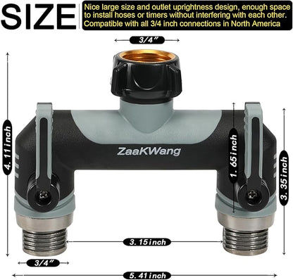 Full Flow Heavy Duty Two - Way Hose Splitter, Rugged Garden Faucet Adapter, Spout Diverter T - Way Adapter with Extended Handle, 3/4” GHT Thread, Grey