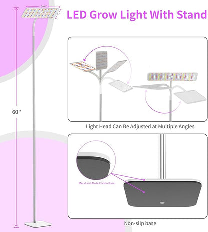 KINGPLUS Grow Lights with Base, Full Spectrum Growing Light for Indoor Plants, 120 LEDs, 4 Dimmable Levels, Timer 4/8/12h, 12-60inches Height Adjustable,18w, Ideal for Desk Small Plants