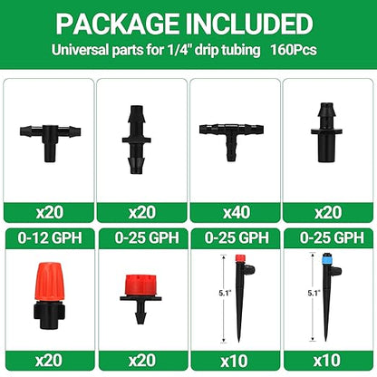 160 Pcs Adjustable Irrigation Emitters, Mister Nozzles, Drippers, Sprayers, Barbed Connectors, Irrigation Parts for 1/4" Tubing Garden Watering System (Tubing Not Included)