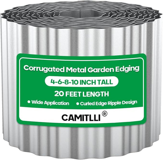 Corrugated Metal Garden Edging, Sturdy Tall Landscape Edging Borders, Perfect DIY for Flower Beds, Lawn and Pathway, Tree Surrounds, Paver Edges (Silver, 10"×20FT)